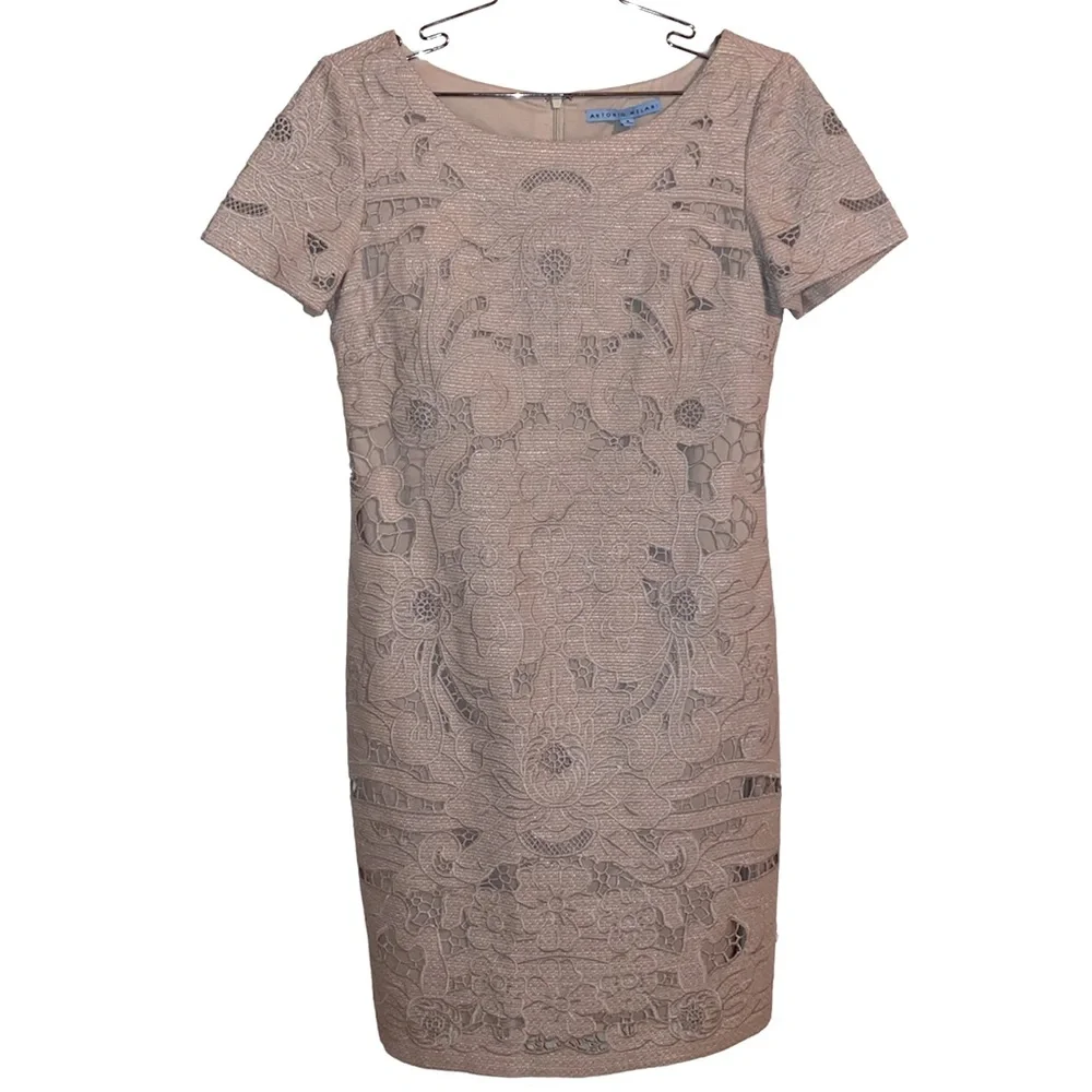 Antonio Melani dress size 4 Tan Flowers on front slip underneath design - Picture 1 of 3